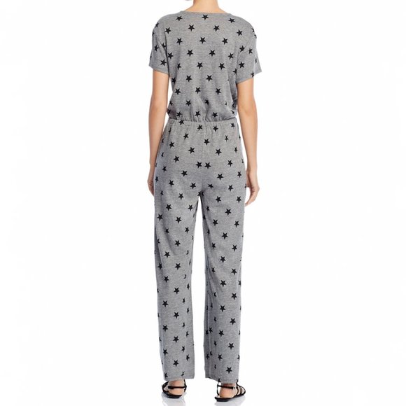 Alternative Jumpsuit Women Faux Wrap V-Neck Star Print Straight Leg Knit Gray - Picture 2 of 7